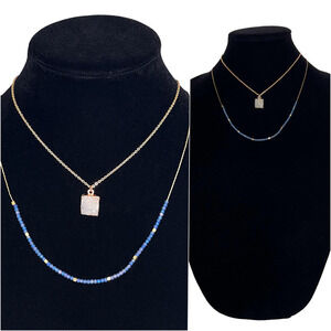 Nordstrom Everyday Chic Layered Gold Necklace Druzy Stone Pendant Blue Beads